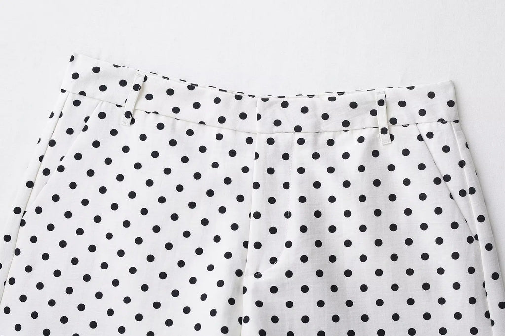 Polka Dot Two Piece Set with High Neck Jacket and Matching Pants or Shorts