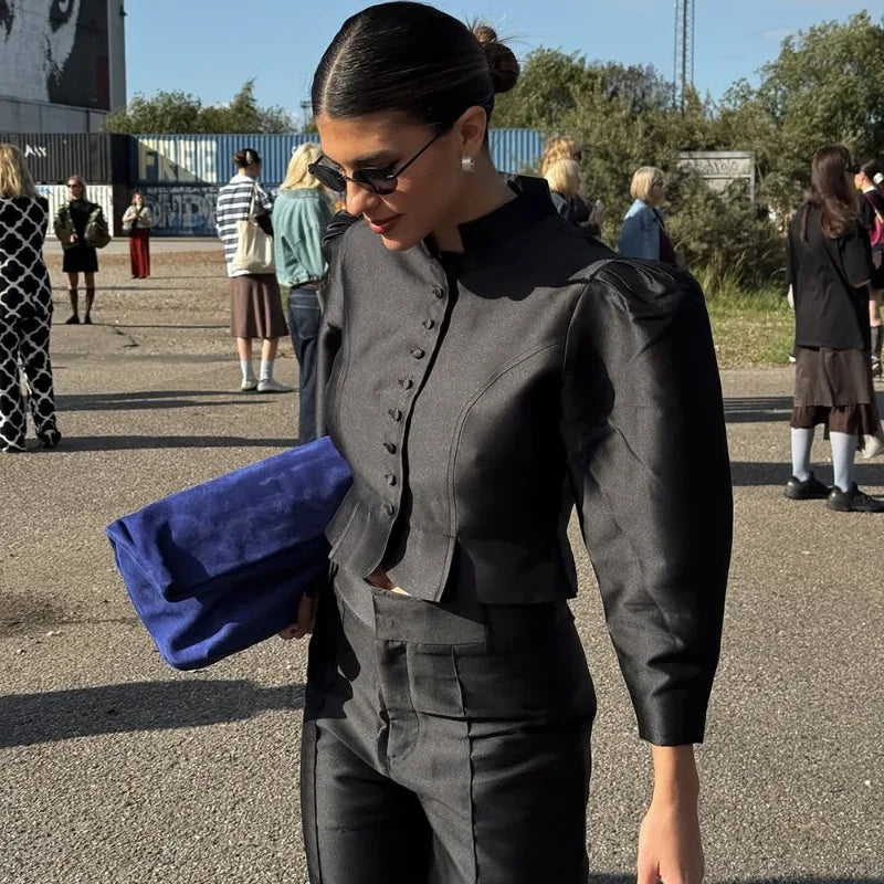 Elegant Puff Sleeve Button Jacket for Women – High Street Cropped Blazer Top in White, Black & Brown | Luxury Party & Chic Officewear