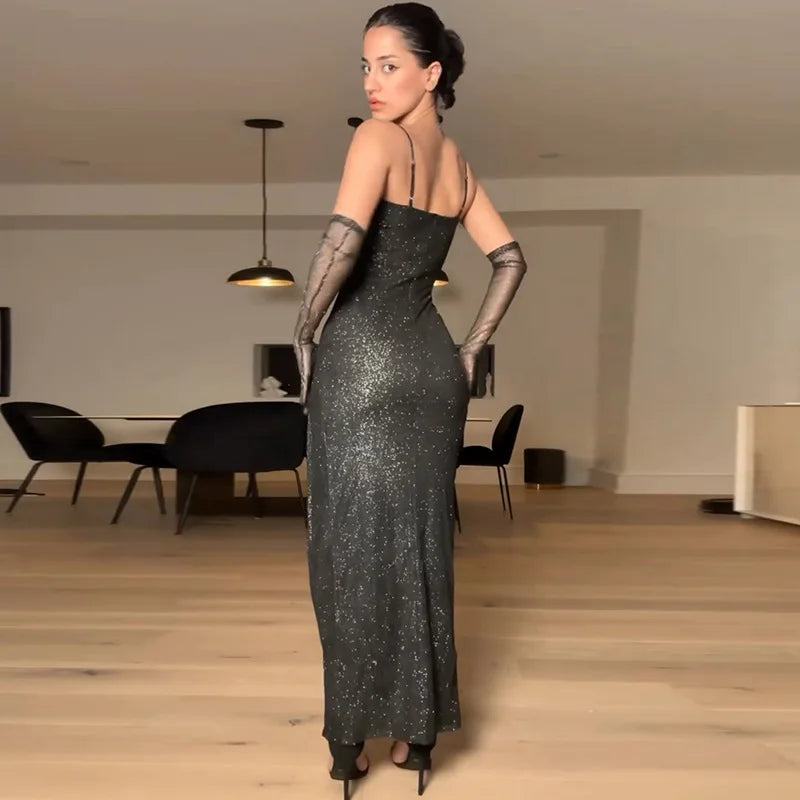 GLITTER MAXI DRESS with SIDE SLIT and GLOVES