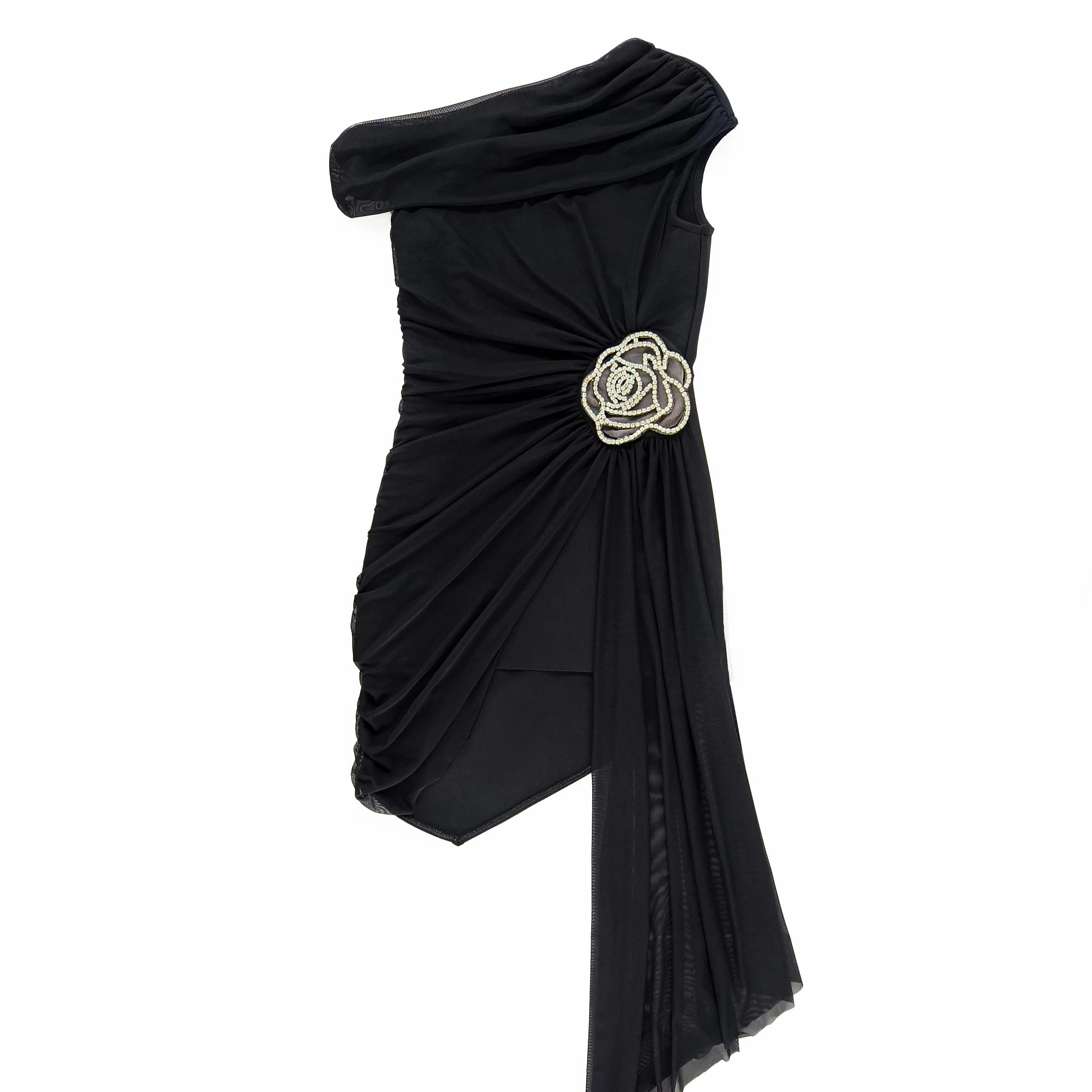 ONE SHOULDER DRAPED MINI DRESS with SIDE TRAIN