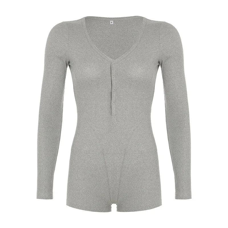 Sexy Gray Ribbed Knit Long Sleeve V-Neck Romper for Women | Slim Fit Lounge Jumpsuit