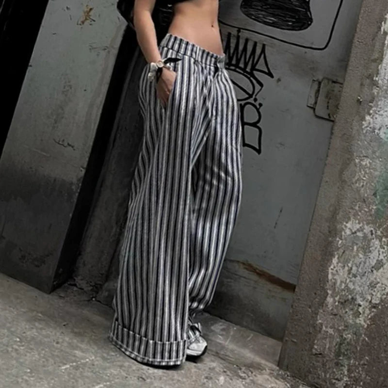 Striped Low Waist Wide Leg Trousers for Women | Vintage Streetwear Summer Pants