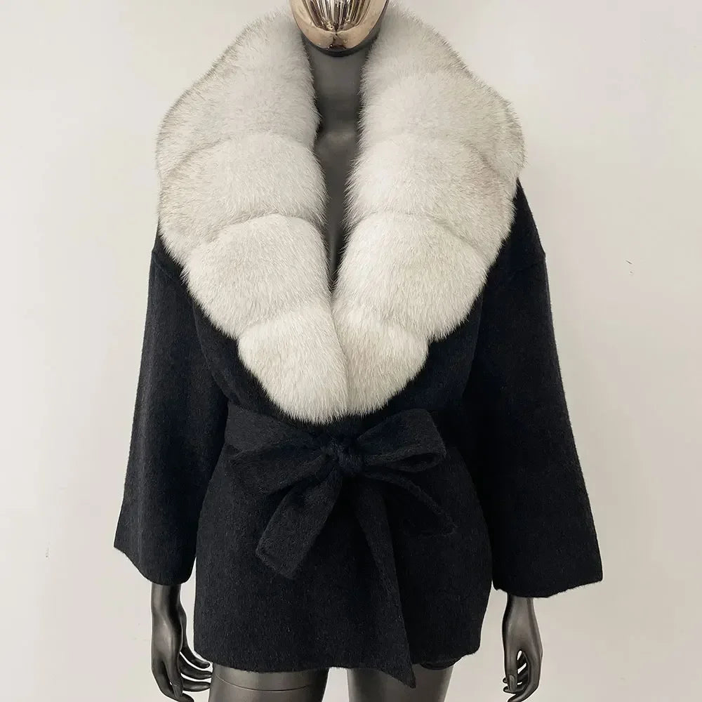 Wool Blend Coat with Fox Fur Collar – Women’s Luxury Winter Coat