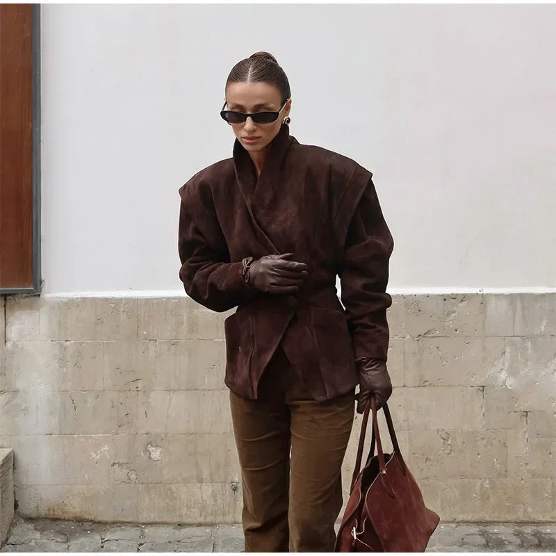 Autumn Suede Blazer for Women – Elegant One Button Lapel Jacket with Shoulder Pads | Khaki & Brown Streetwear