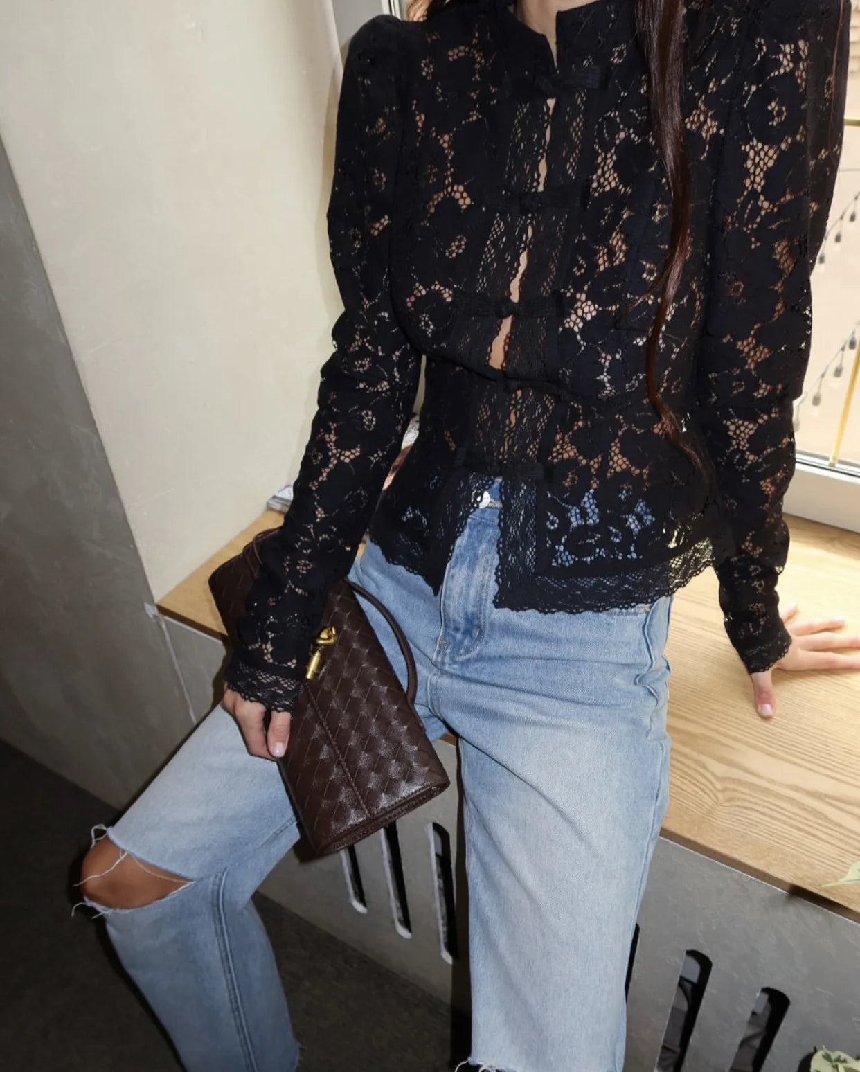 Vintage Sheer Lace Blouse for Women | Long Sleeve See-Through Top with High Neck