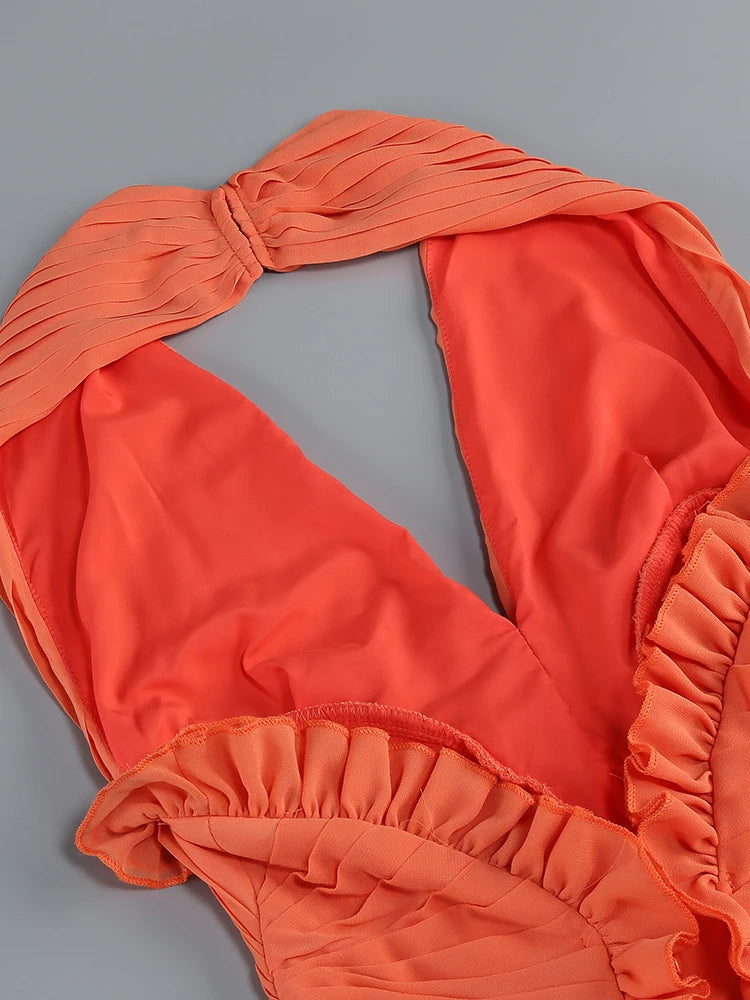 Coral Halter Maxi Dress – Backless V Neck Ruffle Evening Gown