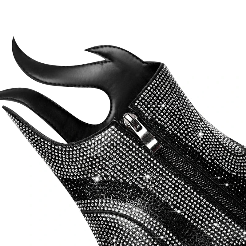 FLAME SHAPE SHORT BOOTS THICK HEEL decorated with CRYSTALS
