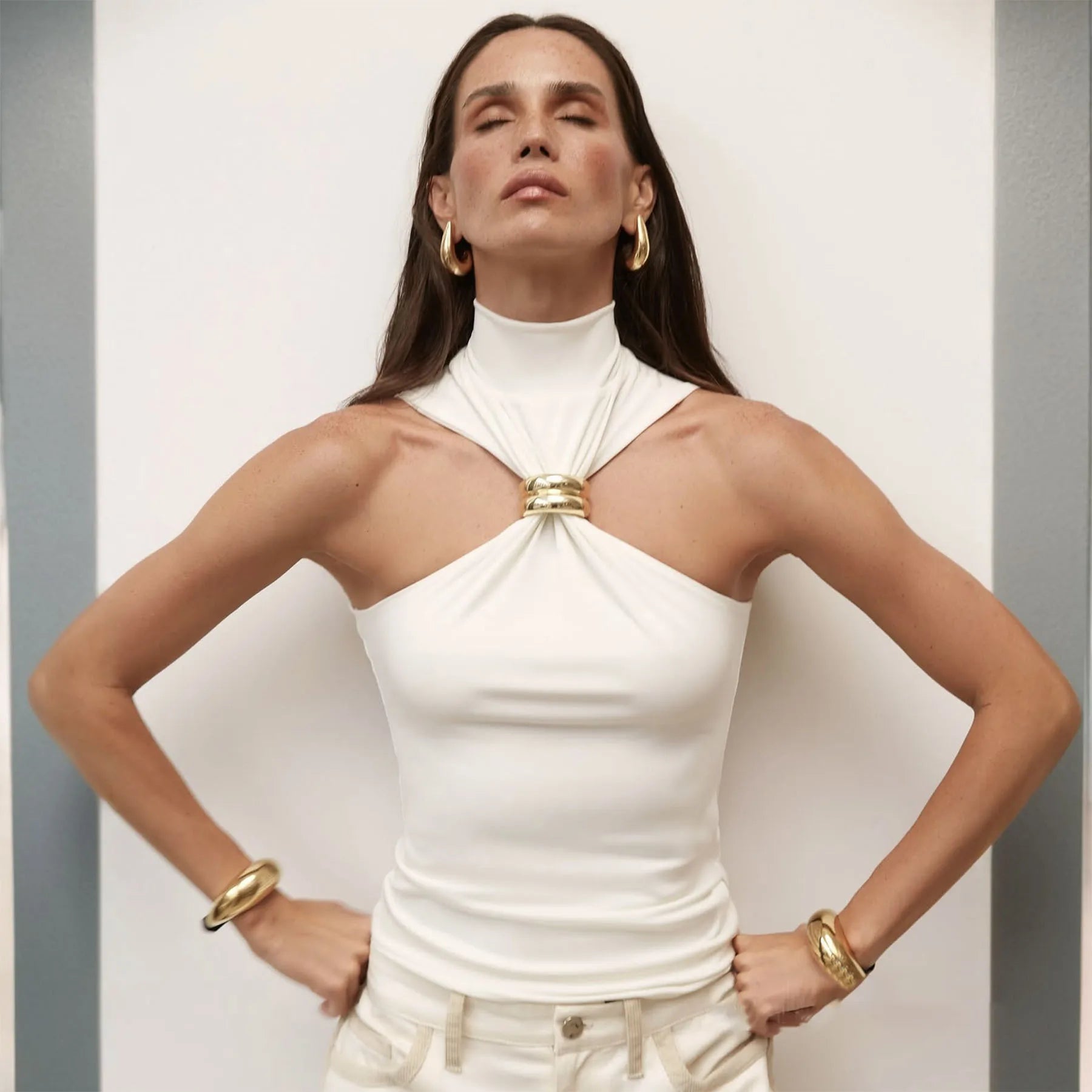 Halter Turtleneck Knit Top with Gold Ring Detail