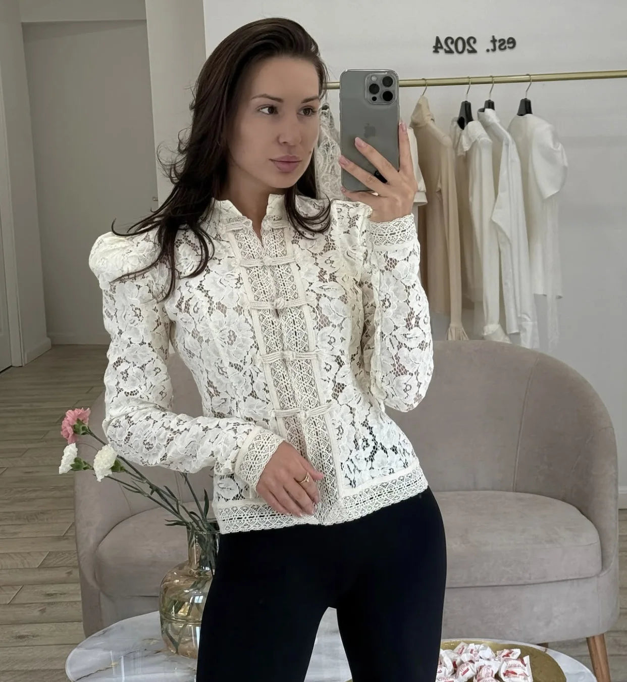 Vintage Sheer Lace Blouse for Women | Long Sleeve See-Through Top with High Neck