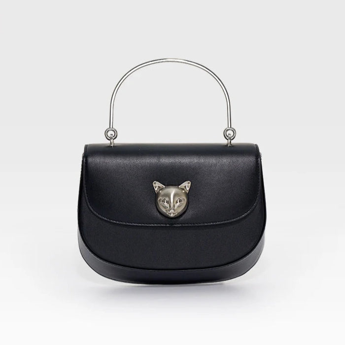 Black handbag with cat emblem on a light gray background, featuring the brand 'Bafelli'.
