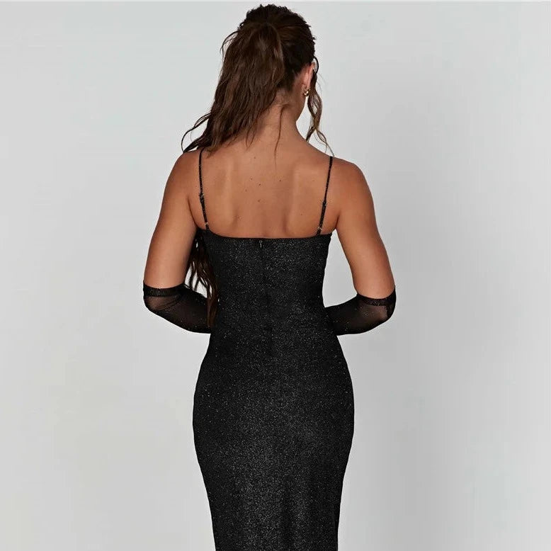 GLITTER MAXI DRESS with SIDE SLIT and GLOVES