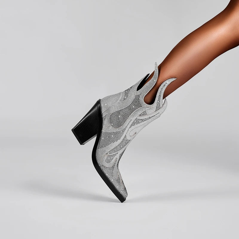 FLAME SHAPE SHORT BOOTS THICK HEEL decorated with CRYSTALS