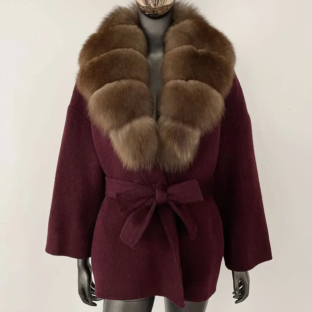 Wool Blend Coat with Fox Fur Collar – Women’s Luxury Winter Coat