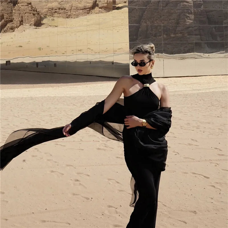 Halter Turtleneck Knit Top with Gold Ring Detail