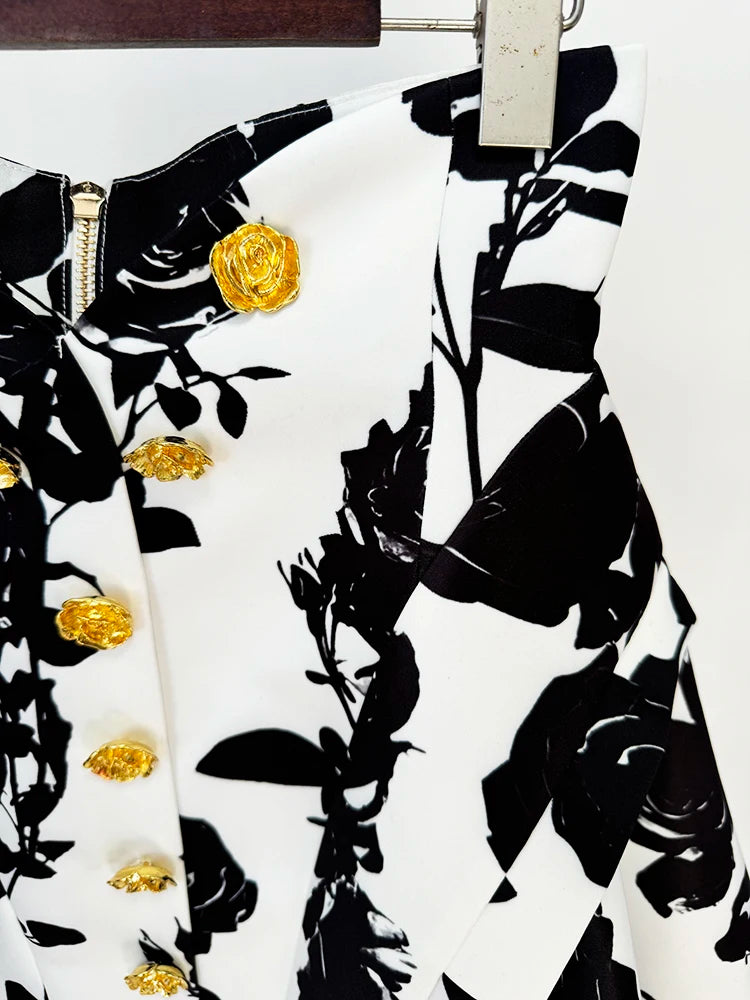 Floral Print Mini Skirt With Metal Rose Buttons