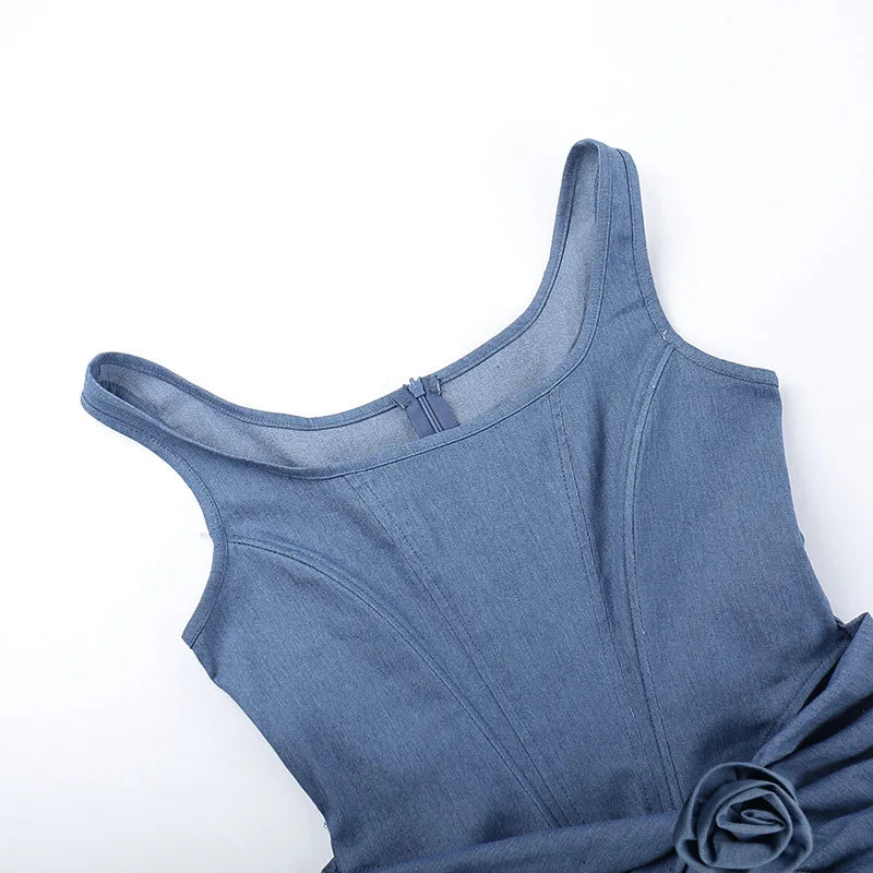FLOWER BOW DENIM MINI DRESS