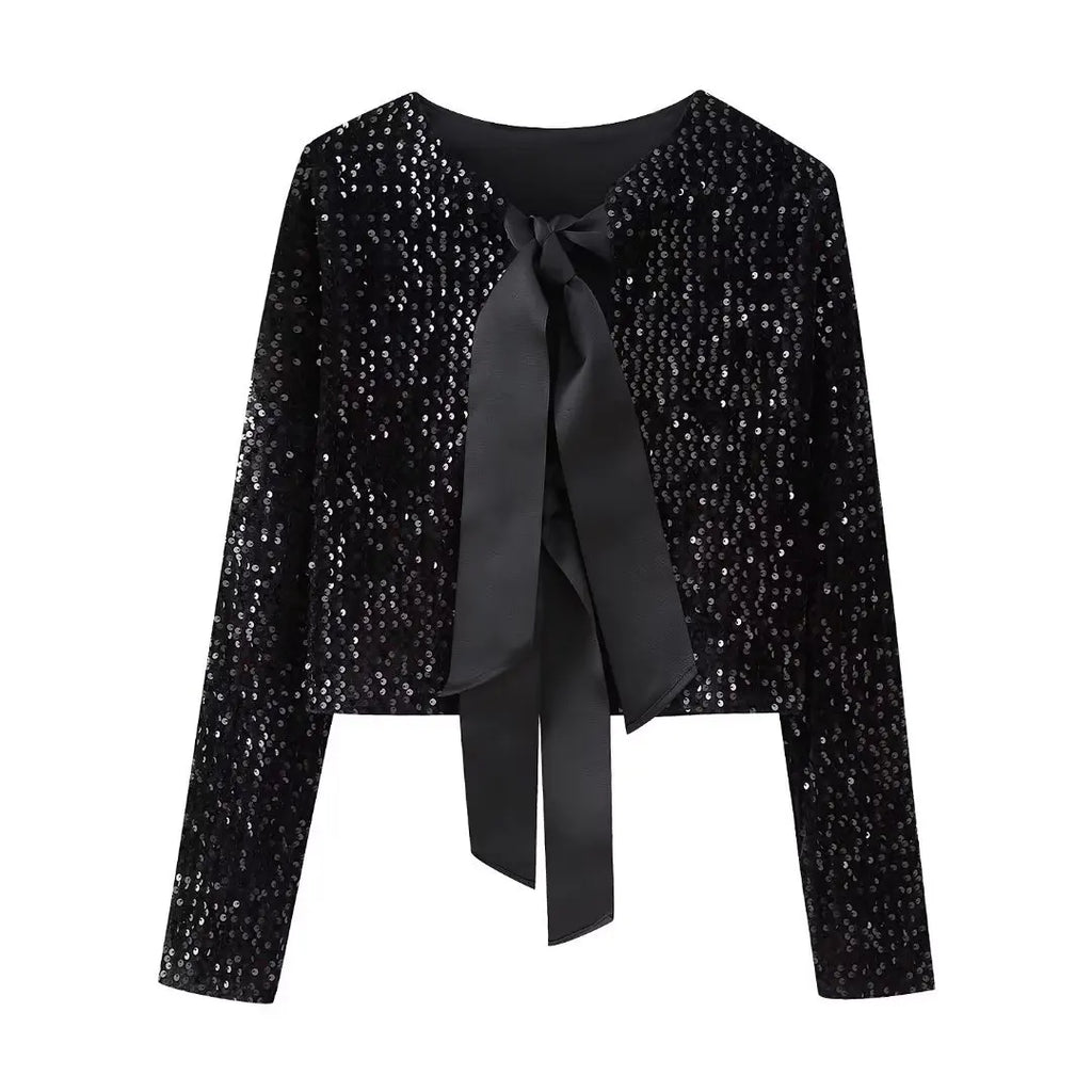 Sequin Cropped Jacket with Bow Detail – Women’s Elegant Party Jacket