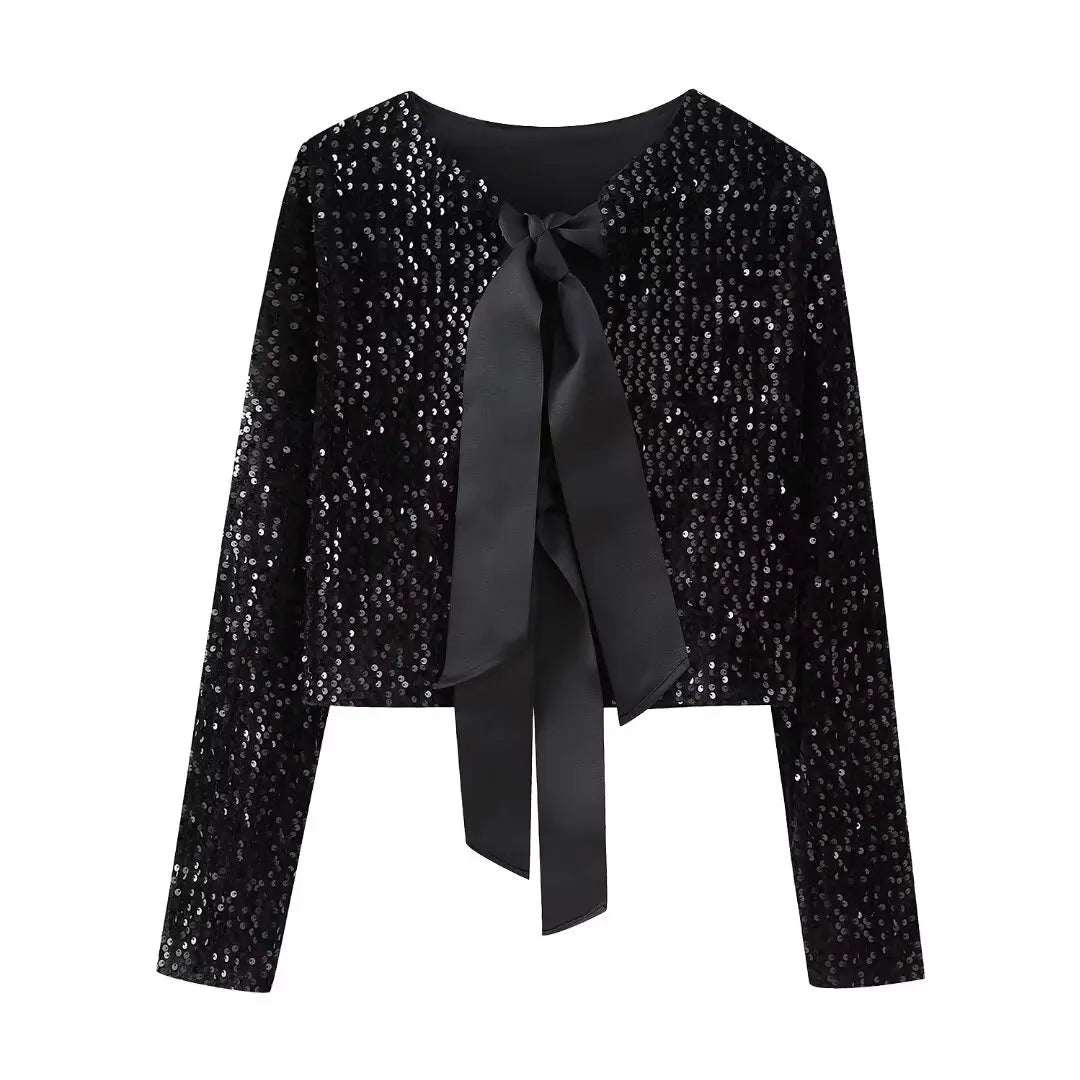 Sequin Cropped Jacket with Bow Detail – Women’s Elegant Party Jacket