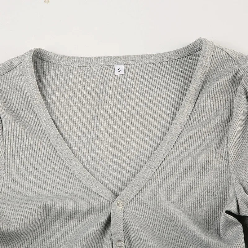 Sexy Gray Ribbed Knit Long Sleeve V-Neck Romper for Women | Slim Fit Lounge Jumpsuit
