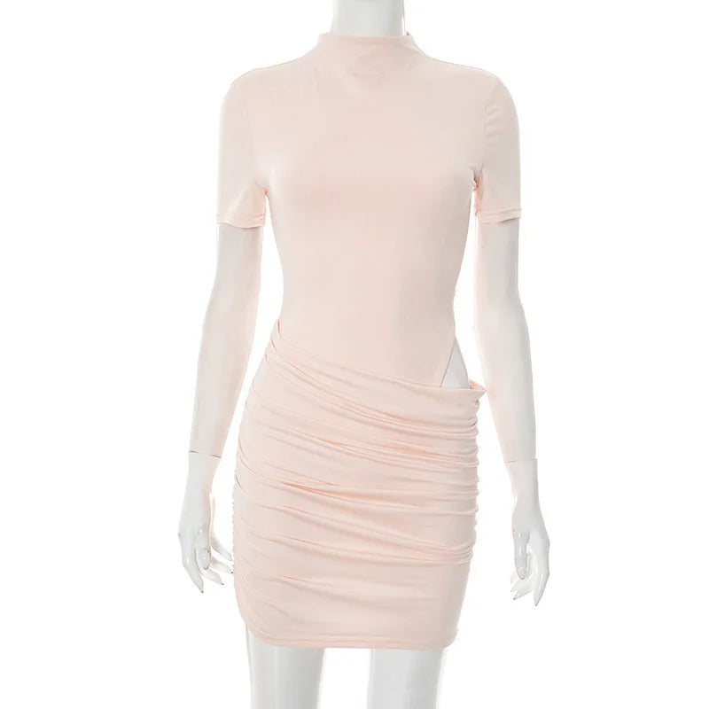 Hollow Out Short Sleeve Ruched High Waist Sexy Mini Dress