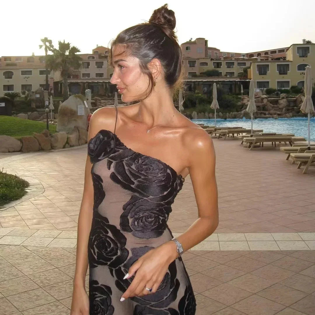 ONE SHOULDER BLACK ROSES MAXI DRESS