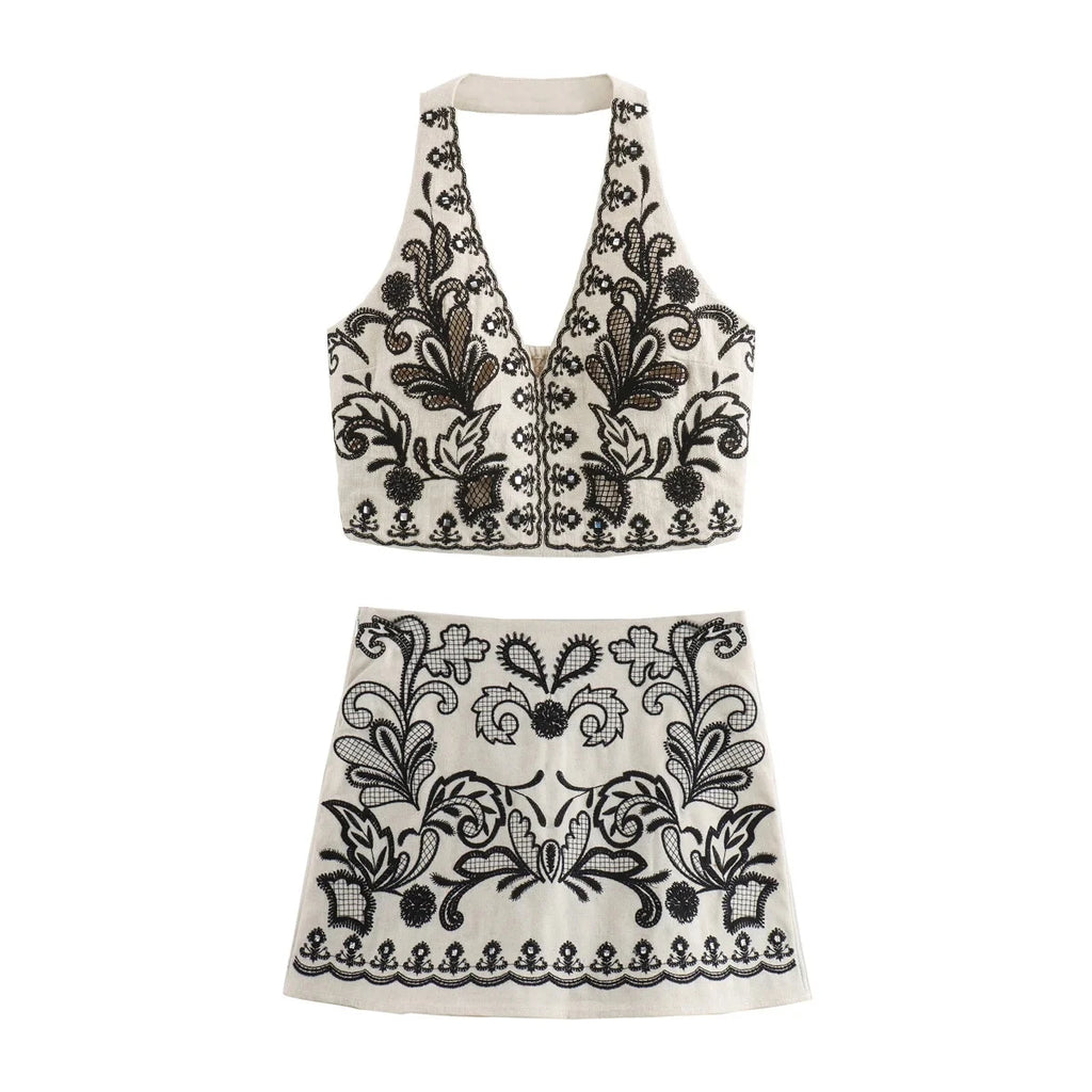 EMBROIDERED MINI SKIRT and HALTER CROP TOP SET