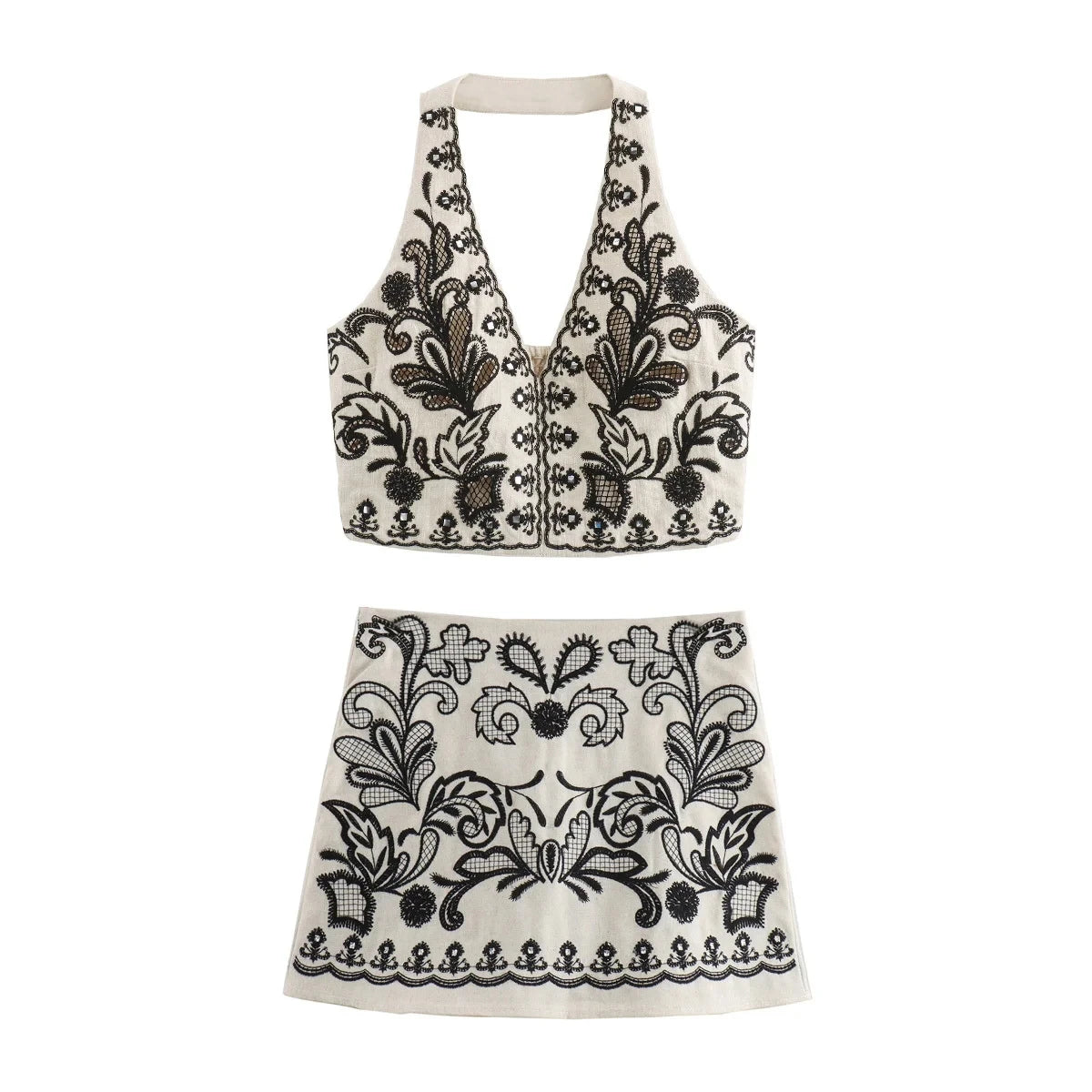 EMBROIDERED MINI SKIRT and HALTER CROP TOP SET