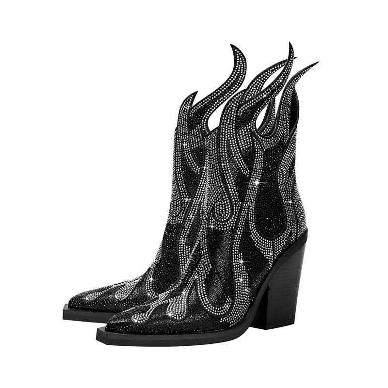 FLAME SHAPE SHORT BOOTS THICK HEEL decorated with CRYSTALS