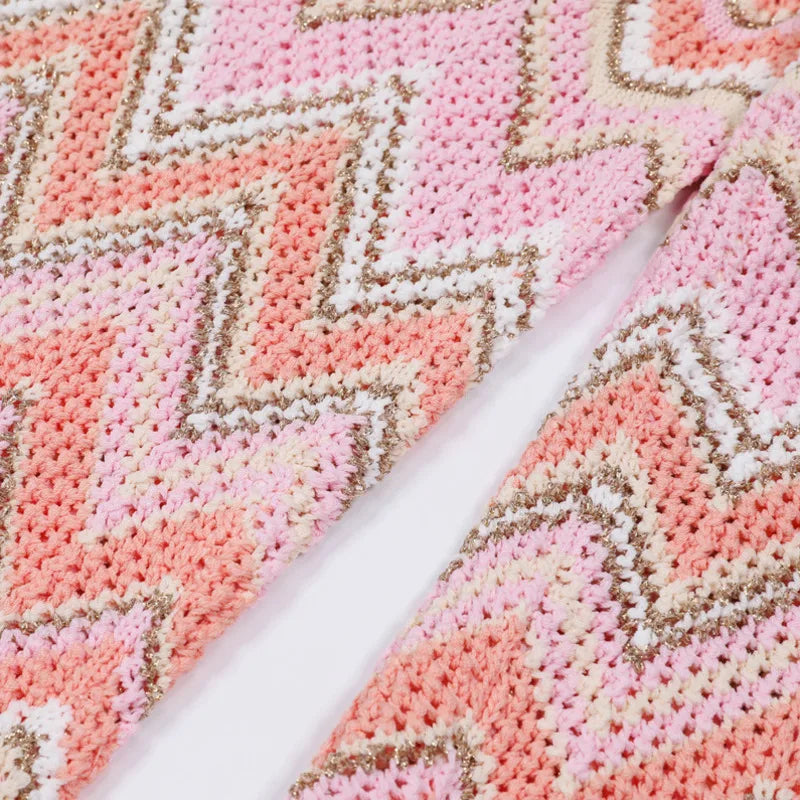 Pink Zigzag Knit Co-Ord Set – Sleeveless Top, Cardigan & Wide-Leg Pants