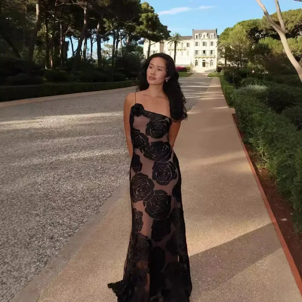 ONE SHOULDER BLACK ROSES MAXI DRESS