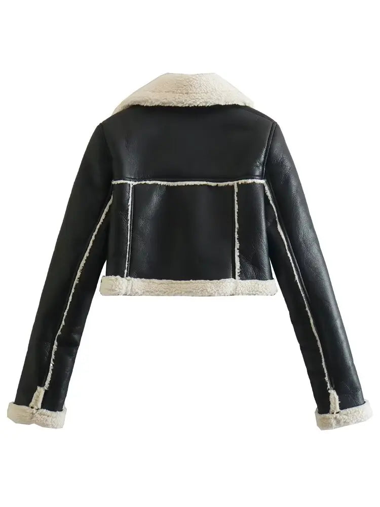 Cropped Faux Leather Jacket with Sherpa Collar – Women’s Short Winter Jacket