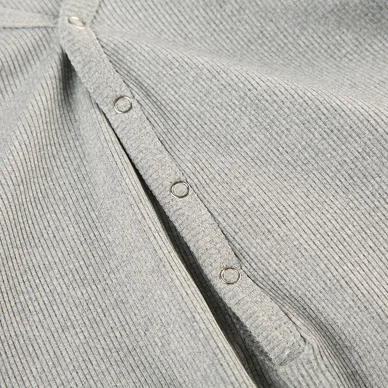 Sexy Gray Ribbed Knit Long Sleeve V-Neck Romper for Women | Slim Fit Lounge Jumpsuit