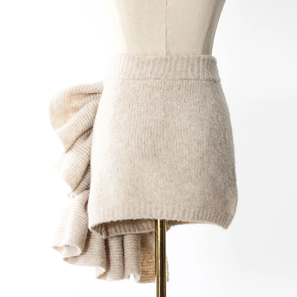 Apricot Three-Piece Set – Long Coat, High Neck Sweater & Ruffled Mini Skirt for Elegant Fall Style