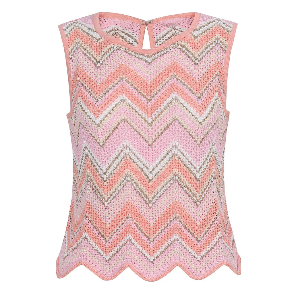 Pink Zigzag Knit Co-Ord Set – Sleeveless Top, Cardigan & Wide-Leg Pants