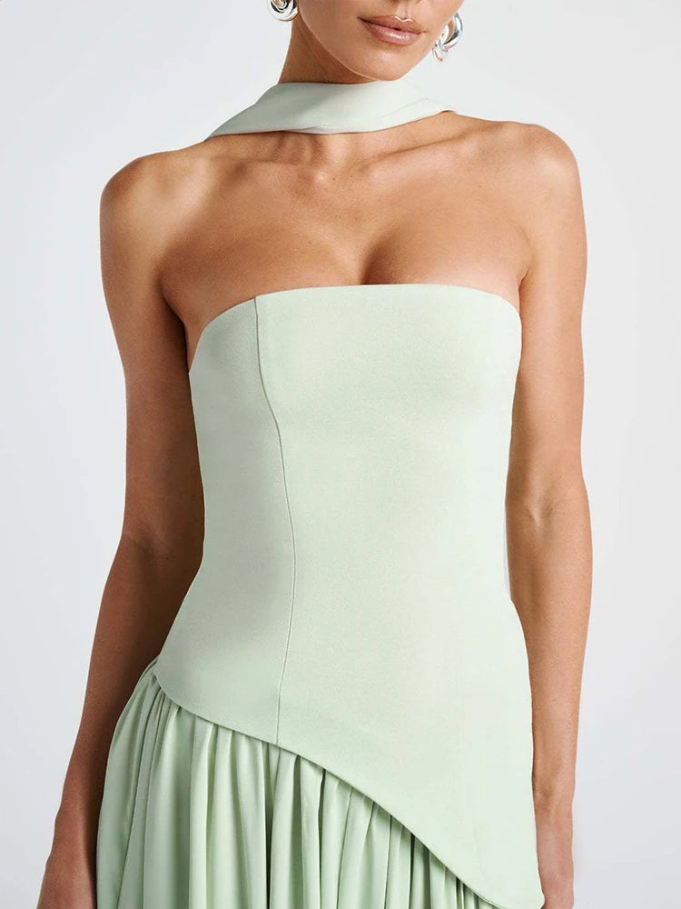 Strapless Pleated Maxi Dress with Scarf Detail and High Slit for Women