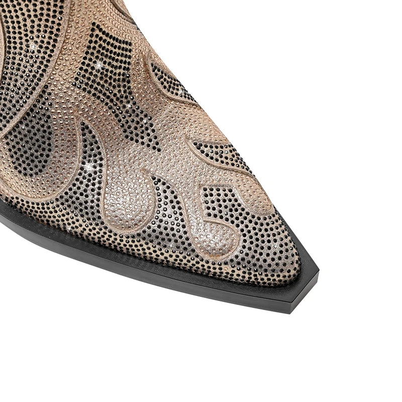 FLAME SHAPE SHORT BOOTS THICK HEEL decorated with CRYSTALS