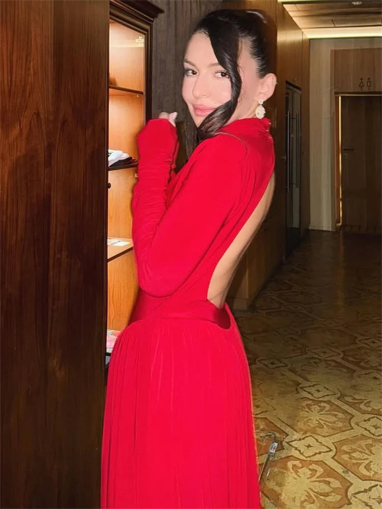 Elegant Backless Long Sleeve Pleated Dress – High Waist Bodycon Evening Gown