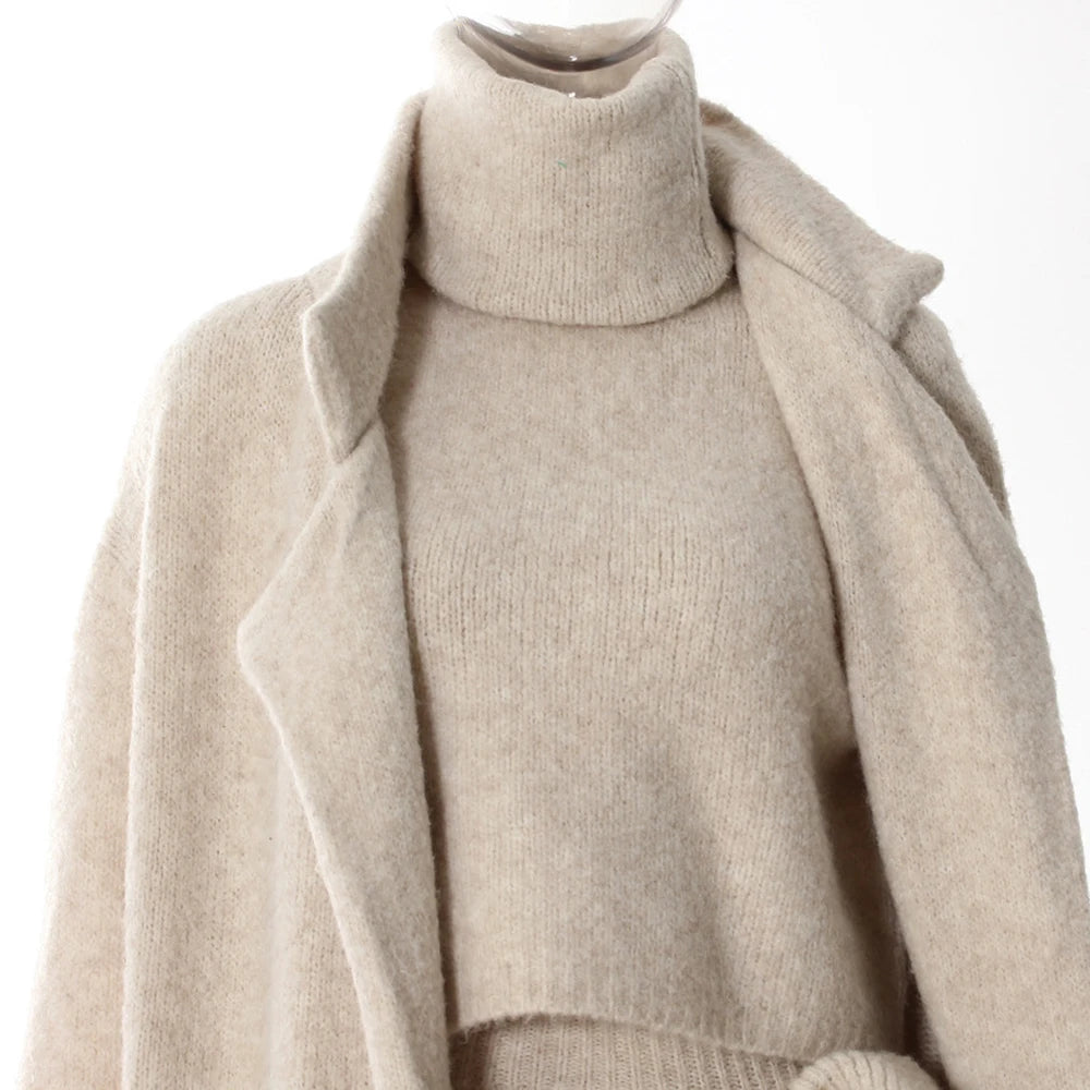 Apricot Three-Piece Set – Long Coat, High Neck Sweater & Ruffled Mini Skirt for Elegant Fall Style