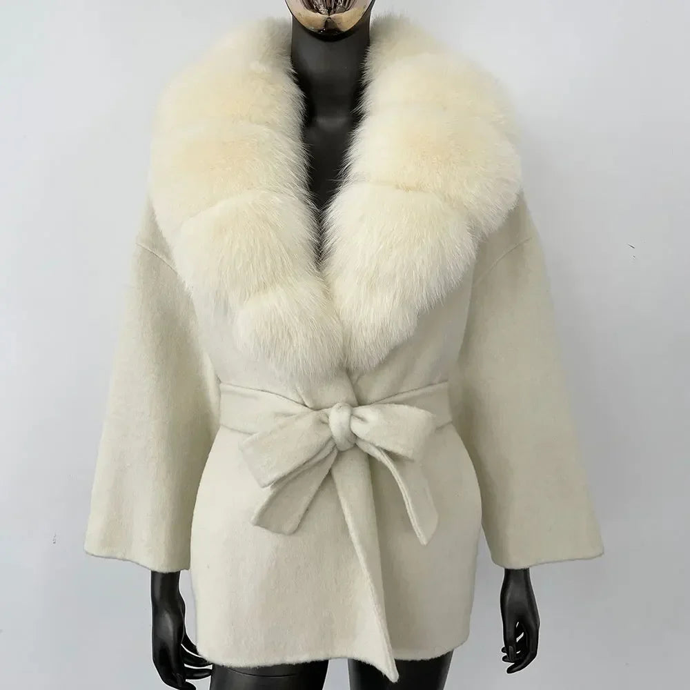 Wool Blend Coat with Fox Fur Collar – Women’s Luxury Winter Coat