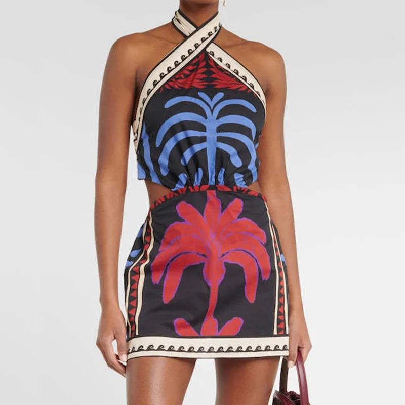 Boho Pattern Halter Mini Dress – Summer Printed Sleeveless Dress