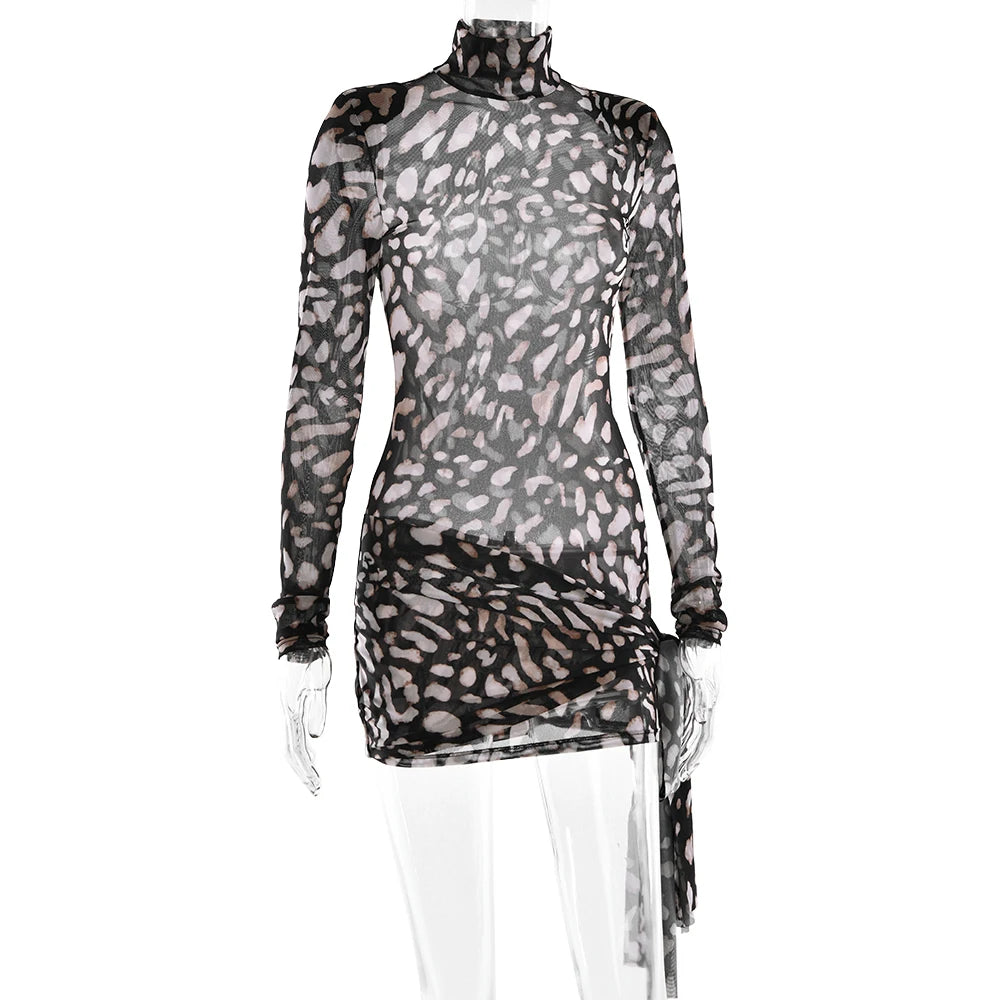 LEOPARD PRINT LONG SLEEVE MINI DRESS with TRAIN