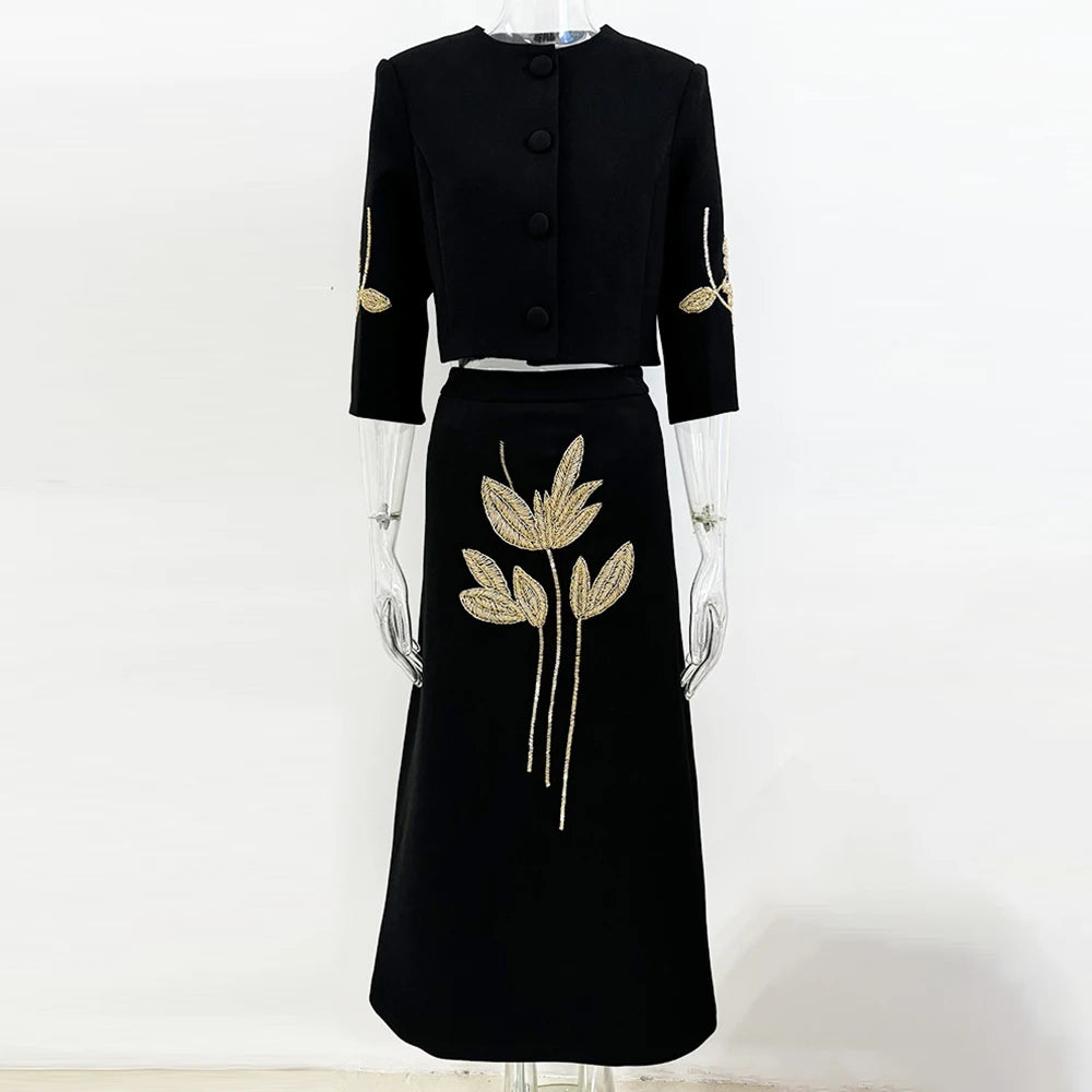 HALF SLEEVE COAT and HIGH WAIST MIDI DRESS SET PATCHWORK FLOWERS