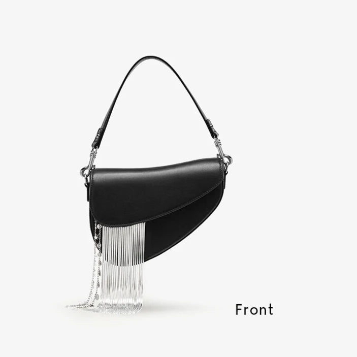 Black handbag with fringe details on a white background