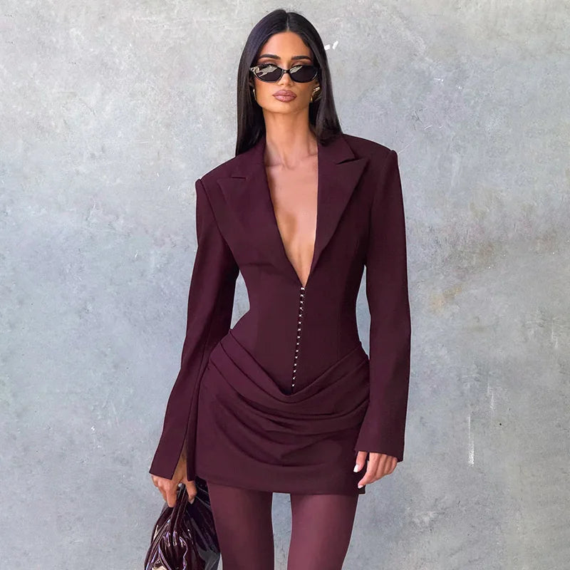 Deep V-Neck Long Sleeve Ruched Mini Dress – High-Waist Structured Blazer Dress | CTRL NUIT