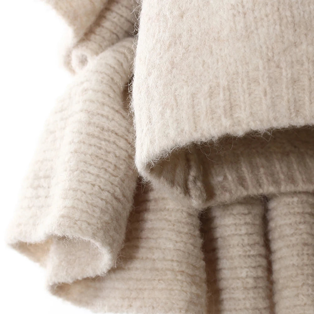 Apricot Three-Piece Set – Long Coat, High Neck Sweater & Ruffled Mini Skirt for Elegant Fall Style