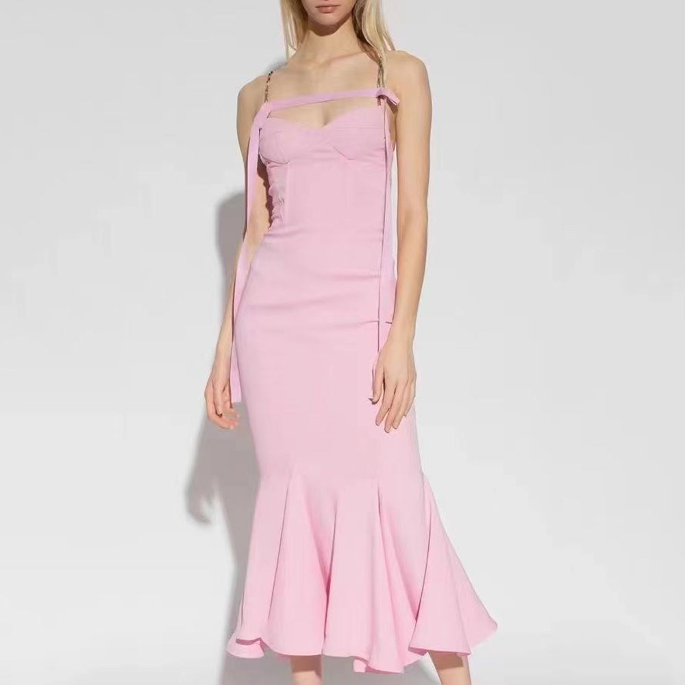 ARI PINK FRILLED BOTTOM BODYCON MIDI DRESS