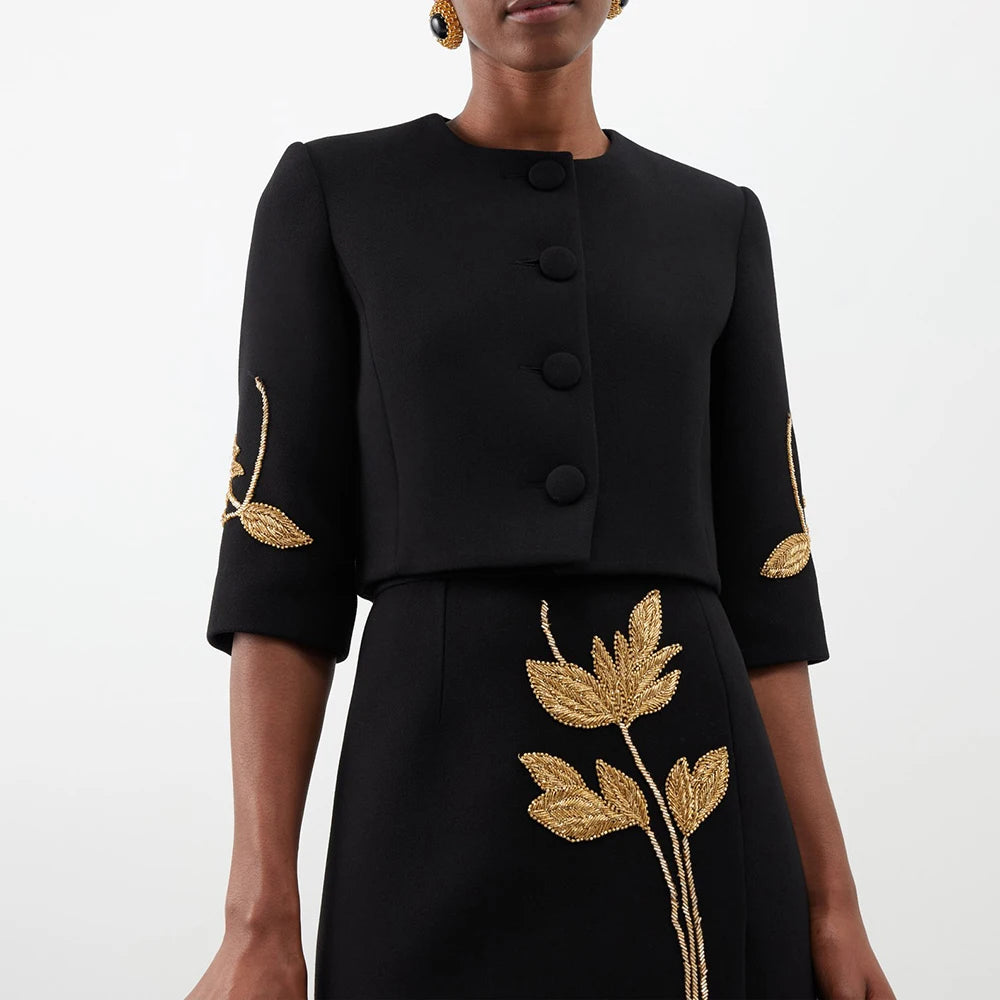 HALF SLEEVE COAT and HIGH WAIST MIDI DRESS SET PATCHWORK FLOWERS