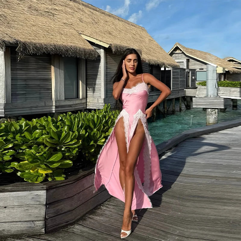 Pink satin evening dress with lace trim and high double slits