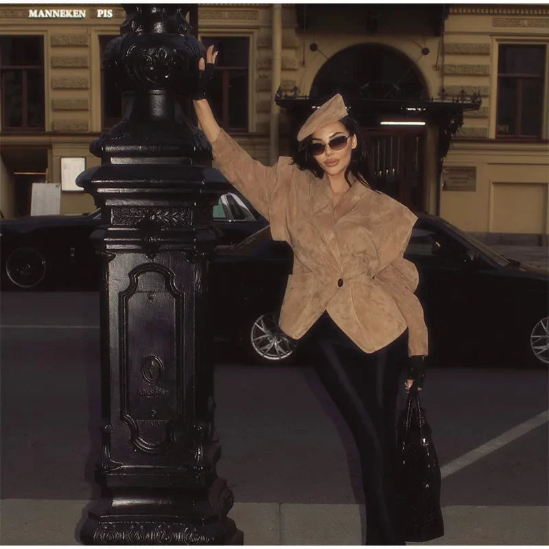 Autumn Suede Blazer for Women – Elegant One Button Lapel Jacket with Shoulder Pads | Khaki & Brown Streetwear