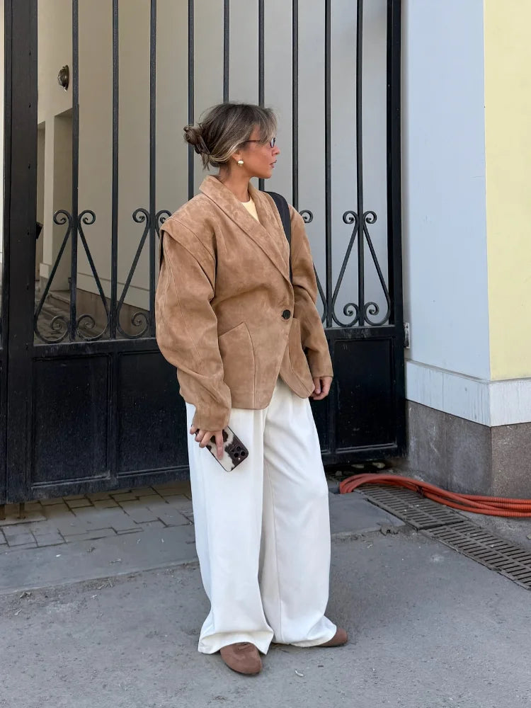 Autumn Suede Blazer for Women – Elegant One Button Lapel Jacket with Shoulder Pads | Khaki & Brown Streetwear